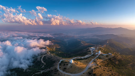 An aerial perspective showcases an observatory complex nestled on a mountaintop. The scene features a winding road and structures beneath a dramatic sky filled with clouds. Warm tones of the sunset illuminate the landscape, creating a sense of peace. This image may be suitable for editorial and commercial applications.の素材
