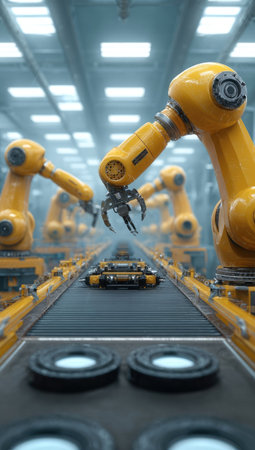 Industrial robotic arms, painted yellow, manipulate objects on a conveyor belt. The image showcases a factory setting with a clean, modern aesthetic. Cool blue tones contrast with the bright yellow equipment. This scene might be ideal for illustrating automation, manufacturing, or technological progress in commercial projects.の素材