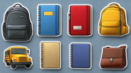 This illustration showcases a collection of school-related items. The image features various backpacks, notebooks, and a school bus rendered in vibrant colors and clean lines. The composition is likely designed for educational or commercial purposes, possibly for use in print or digital media. The items are arranged on a light background with an artistic style.の素材