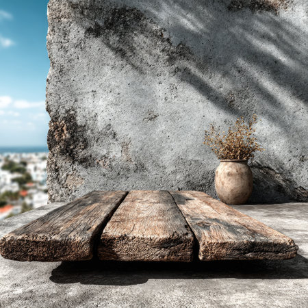 An aged wooden table is set against a rough, textured wall with a vase holding dry plants. The scene is illuminated by soft light, which suggests an outdoor environment. This image could be suitable for commercial use, offering opportunities for product placement or general design purposes.の素材