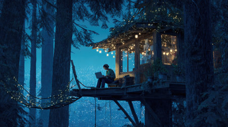A person is using a laptop computer while sitting in a treehouse at night. The scene is illuminated by string lights. The image features a silhouetted figure against a background of foliage and a night sky. This could be used for conceptual or editorial applications.の素材