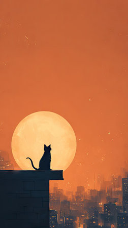 A silhouette of a cat sits atop a building's edge, gazing at a large, round sun. The image features a warm color palette with shades of orange and black. It evokes a peaceful, serene atmosphere with a clear sky and cityscape in the background, suitable for various editorial and commercial applications.の素材