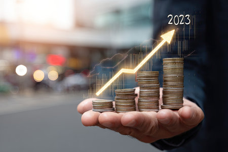 A hand holds stacks of coins overlaid with a glowing upward arrow and financial graphs representing growth. The composition uses warm lighting to highlight the coins, with a blurred background suggesting a business context. This image is suitable for illustrating financial reports and economic concepts.の素材