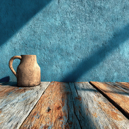 A single rustic ceramic jug sits on a weathered wooden surface against a vibrant blue textured wall. The scene is bathed in sunlight, casting strong shadows and highlighting the rough textures. This image could be suitable for various commercial uses, including product presentations or background elements.の素材