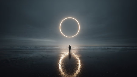 A solitary figure stands before a large, glowing circle in a dark and reflective environment. The image uses cool tones with a stark contrast between light and shadow. The composition suggests a sense of mystery with the subject facing towards the light source, suitable for conceptual or artistic purposes.の素材