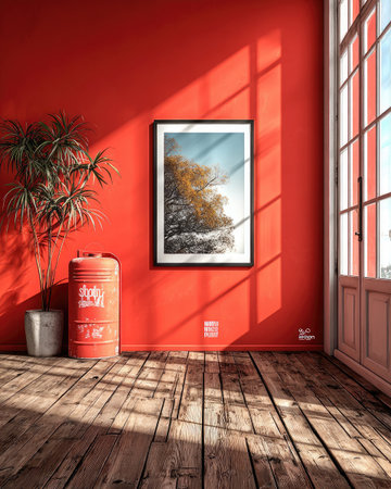 An interior shot features a vibrant red wall with a framed artwork. Sunlight streams through a tall window, illuminating the hardwood floor. A plant and a cylindrical object are positioned near the wall. This versatile image suits various commercial uses, providing a clean, modern aesthetic.の素材
