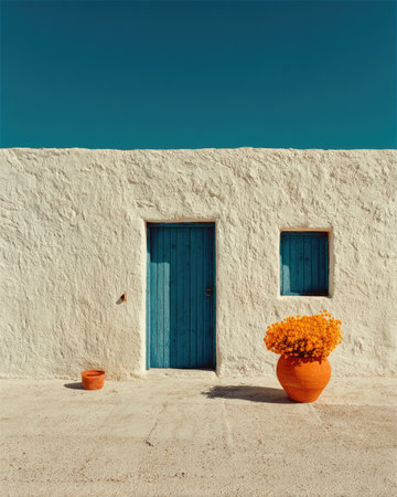 A textured white stucco facade features a wooden teal door and a small window. A vibrant orange flower pot with orange flowers sits on the ground, illuminated by strong sunlight. The composition is simple, with strong color contrasts. Suitable for architectural, decorative, or artistic projects.の素材