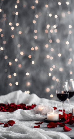 This image features a romantic setting with two wine glasses filled with red liquid, scattered rose petals, and a lit candle. The scene is illuminated by blurred lights creating a soft, warm ambiance. Suitable for editorial and commercial use, this image could be used to illustrate love, celebration or romantic occasions.の素材
