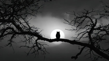 An owl silhouetted against a full moon, perched on a tree branch. The black and white image displays a stark contrast between the owl and the bright orb. The composition emphasizes the branches' intricate patterns. This image may suit various editorial or commercial projects.の素材