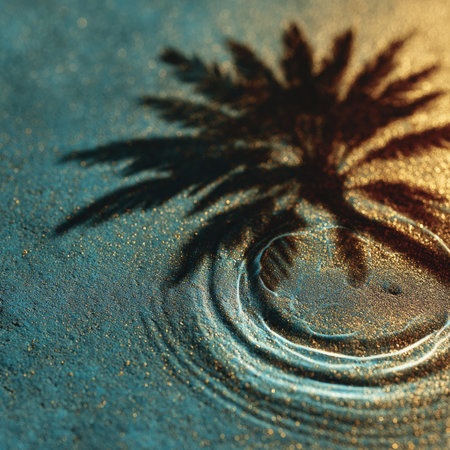 A close-up image captures a palm tree shadow cast on a textured surface. The scene showcases intricate details, including water ripples and variations in color and texture. The play of light and shadow creates a captivating composition. Suitable for various design projects, this image can be used for commercial and editorial purposes.の素材