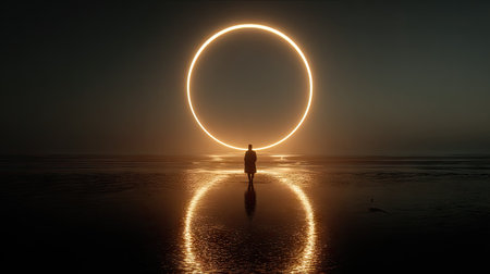 A solitary figure walks towards a large, illuminated neon circle reflected in wet surface. The image exhibits a dark and moody atmosphere with a contrasting bright light source. The scene evokes a sense of mystery and surrealism. It is suitable for conceptual illustrations and designs related to creativity.の素材