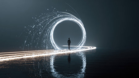 A lone figure stands before a glowing circular portal, bathed in an ethereal light. The image showcases a dark, ambient setting with dynamic light trails. This conceptual artwork may be suitable for sci-fi themes, technological illustrations, and digital art projects requiring a futuristic design.の素材