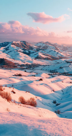 An aerial perspective showcases a snow-covered mountain range bathed in soft pink and blue hues. The composition highlights rolling hills and peaks, with possible trees. The image conveys a serene and peaceful atmosphere, suitable for various editorial and commercial applications. The light suggests a dawn or dusk setting.の素材