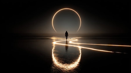 A solitary figure walks towards a bright circular light in a darkened space. The image displays a silhouette against a backdrop of a glowing portal and reflective surface. The composition uses high contrast, with the light emitting a warm hue. This artwork is suitable for various conceptual projects.の素材
