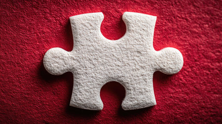A close-up view presents a single white puzzle piece resting on a deep red background. The piece is textured, suggesting a matte finish, with soft lighting defining its form. The composition emphasizes a singular element, highlighting concepts such as teamwork and solutions. Suitable for commercial projects.の素材