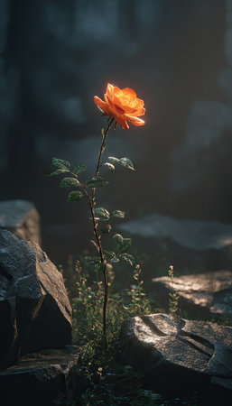 An isolated orange rose with green leaves stands amidst dark rocks, illuminated by strong overhead lighting. The composition features a shallow depth of field, highlighting the rose. The image displays a naturalistic, artistic style, suggesting potential uses in print or digital media for decorative or symbolic purposes.の素材