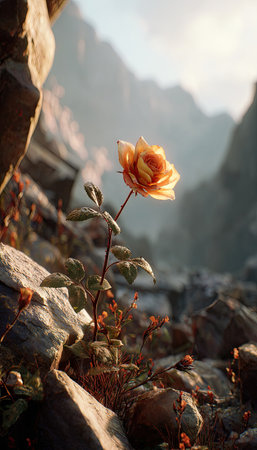 A solitary rose blooms amidst a rugged, rocky terrain, its petals displaying warm hues. The composition emphasizes the contrast between the delicate flower and the rough texture of the surrounding rocks, with a backdrop of blurred mountains. Ideal for illustrating themes of growth, resilience, and natural beauty for various applications.の素材
