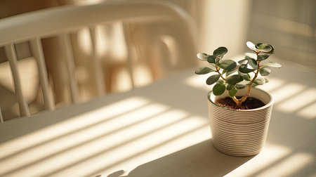 A small potted plant sits on a white surface, illuminated by bright sunlight filtering through a window. The scene showcases natural light and shadows, enhancing the textures of the plant and surrounding surfaces. This image is suitable for various commercial uses, including interior design, lifestyle content, and environmental themes.の素材