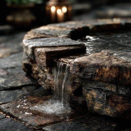 A close-up view depicts a stone fountain with water gently cascading over its textured edges. The composition emphasizes the interplay of light and shadow, with a focus on the water's movement. This image showcases a natural, rustic aesthetic, suitable for use in design, decoration or architectural projects.の素材