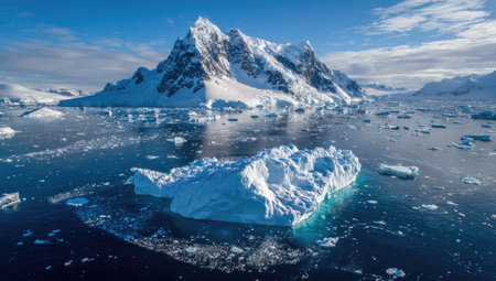 An aerial view presents a mountain range covered in snow, reflected in icy ocean waters. An iceberg floats in the foreground with ice chunks dispersed around. The scene is bathed in bright daylight under a clear blue sky, suggesting a remote polar environment. This image is suitable for environmental, travel, or educational purposes.の素材