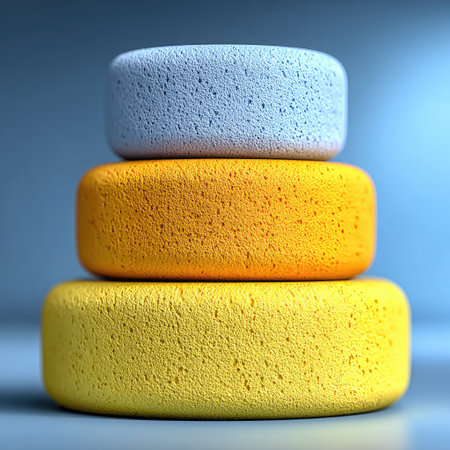 Three circular objects in shades of yellow and blue are stacked. The objects have a porous texture and appear to be made of sponge. The composition uses a shallow depth of field, with soft lighting and a blurred background. Suitable for conceptual illustrations and advertising, the objects stand out visually.の素材