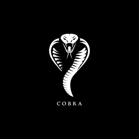 This graphic showcases a stylized cobra emblem, rendered in white against a stark black backdrop. The composition highlights the snake's detailed head and body, creating a striking contrast. The vector-based design suggests potential use in branding, illustrations, or design projects. The aesthetic is clean and modern.の素材