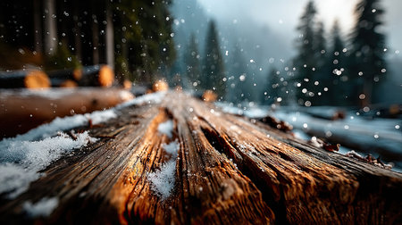 Close-up of wooden planks covered in snow, with falling snowflakes, creates a tranquil scene. The textures of the wood are highlighted in the daytime setting. This image provides the viewers a clear perspective. Suitable for a range of uses, including seasonal advertising, nature articles, and creative projects.の素材