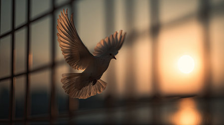 A white dove is captured mid-flight, wings spread wide, against a blurred backdrop of a setting sun. The image showcases warm, golden hues and highlights the bird with backlighting. The composition and lighting create a sense of freedom and serenity. Suitable for projects requiring imagery of wildlife, nature, or concepts of hope.の素材