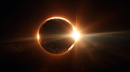 This image showcases a solar eclipse, depicting the moon obscuring the sun. The composition features a darkened sphere encircled by a bright, radiant corona. Dynamic lighting creates a dramatic contrast with the dark background. This visual could be utilized for educational materials, scientific visualizations, or artistic projects.の素材