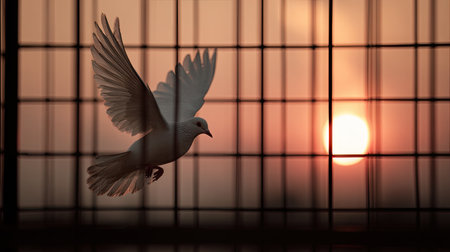 A white bird with spread wings is captured in flight against a sunset. The image displays a silhouette effect with the bird positioned in front of a grid structure, suggesting a contrast of captivity and liberation. The warm tones of the sky, with the sun low, create a serene atmosphere. Suitable for editorial and commercial use.の素材