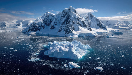 An aerial view presents snow-covered mountains and an iceberg resting on dark blue ocean water. The composition highlights contrasting textures of ice and water, captured under sunlight. The scene potentially lends itself to applications in travel, environmental, or educational materials.の素材