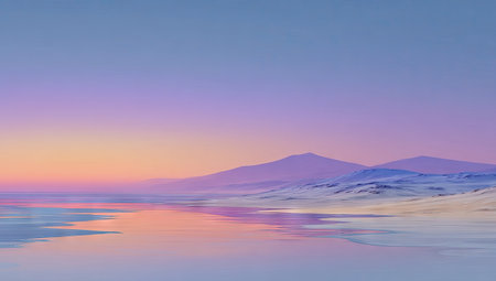 This serene landscape image features majestic mountains reflected in calm water. The composition showcases a gradient of colors from warm orange and pink to cool blue hues, creating a soft and ethereal atmosphere. Suitable for use in a variety of visual projects, including website backgrounds and print media.の素材