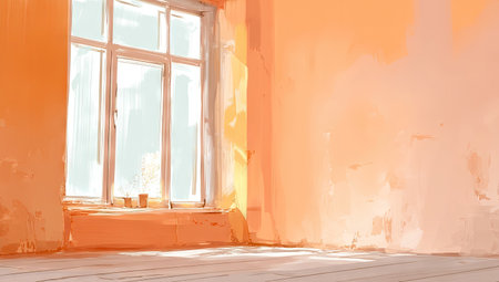 An interior scene features a window with sunlight streaming into a room with orange walls. The watercolor style depicts a room with wooden floors. The composition emphasizes light and shadow, suggesting a warm and inviting space. Suitable for various design, decorative, or artistic purposes.の素材