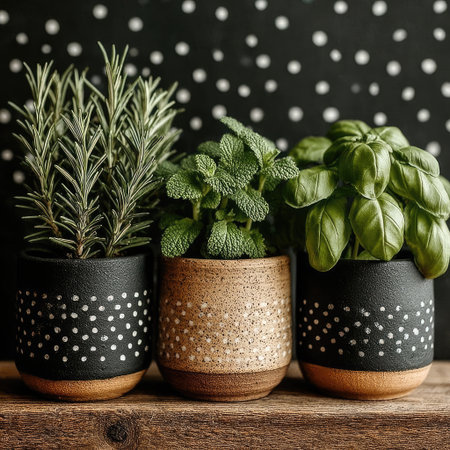 Three potted herbs are displayed, featuring rosemary, mint, and basil in ceramic pots. The arrangement exhibits a dark backdrop adorned with white polka dots, enhancing the contrast with the vibrant green foliage. This image captures a still life suitable for various applications, including editorial and commercial projects.の素材
