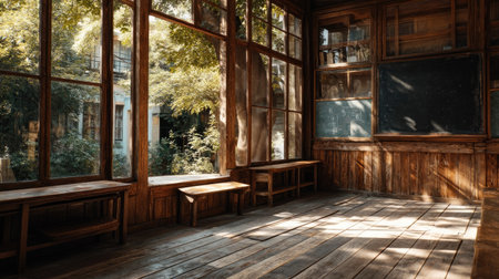An interior space is illuminated by warm sunlight streaming through large windows. The scene presents wooden benches, floors, and wall panels. Natural light interacts with the textures creating a bright, inviting atmosphere. This image could be suitable for visual content in various commercial or editorial applications.の素材