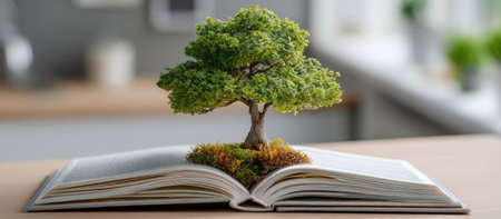 A small tree sits atop an open book, symbolizing growth, knowledge, and learning. The scene showcases soft lighting, with the tree displaying vibrant green foliage. The composition suggests an indoor setting, possibly for educational or conceptual purposes. The image could be used in various commercial applications.の素材