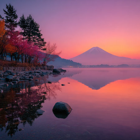 A serene lake reflects the soft colors of a sunrise sky. A distant mountain is silhouetted against the bright orange and pink hues. Trees line the shore, their forms mirroring in the still water. The scene evokes a feeling of peace, suitable for backgrounds or editorial features.の素材