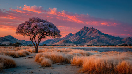 A striking vista displays a lone tree, its silhouette defined against a dramatic sunset sky. The scene showcases warm hues across the horizon and mountains. The foreground features grassy vegetation, suggesting an outdoor environment. This image could be used for various projects, including editorial or promotional content.の素材