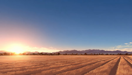 An open agricultural field stretches toward a distant mountain range. The image shows a landscape bathed in warm sunlight from a setting sun. The composition features a clear, gradient blue sky above and a field with lines that add texture. This scene may be suitable for illustrating farming or environment themes.の素材