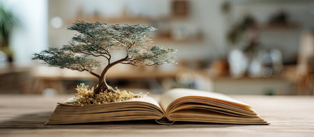 An open book displays a small tree with lush foliage, sitting on a wooden surface. The blurred background suggests an indoor setting, possibly a library or living space. The warm lighting and composition create a sense of calm and naturalness, suitable for various editorial and commercial applications.の素材