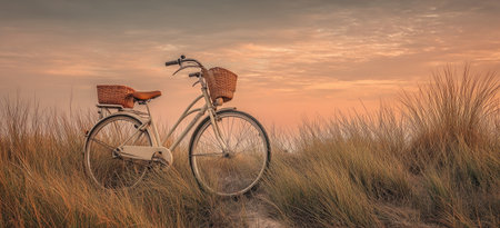A bicycle with a wicker basket and brown seat rests in a field of tall grass. The scene is bathed in warm, orange and yellow hues, suggesting a sunset or sunrise. The composition is a horizontal shot. This image could be used for various editorial and commercial applications.の素材