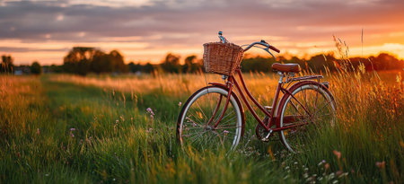 A classic bicycle with a basket sits in a field of tall green grass. The image features warm, soft lighting from a setting sun, highlighting the textures of the bike and foliage. The composition evokes a sense of peace and nostalgia, suitable for various editorial and commercial applications.の素材