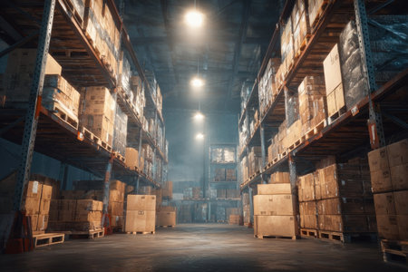 An interior warehouse scene features rows of stacked wooden boxes on shelving units, illuminated by overhead lighting. The composition displays a symmetrical arrangement with varying shades of brown and gray. This image could be suitable for visual communication related to logistics, distribution, or inventory management for commercial purposes.の素材