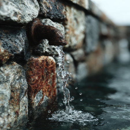 Close-up view of water cascading from a weathered spout into a tranquil pool, set against a rough-hewn stone wall. The scene features various shades of gray, brown, and hints of blue. The composition suggests a serene outdoor setting, potentially useful for projects related to wellness or natural environments.の素材