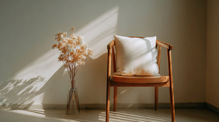 An interior shot features a wooden chair with a white pillow and a vase of dried flowers. Natural sunlight streams across the scene, casting shadows on the wall. The composition suggests a warm and inviting space, suitable for various editorial and commercial applications. The lighting highlights the textures and shapes.の素材