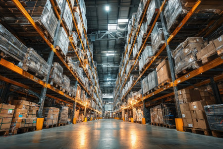 An interior shot showcases a warehouse with numerous shelves fully stocked with packages. The composition displays a symmetrical perspective, with a pathway leading the eye to the back. The scene exhibits cool tones with artificial lighting. Suitable for illustrating logistics, supply chain, and storage concepts in various applications.の素材