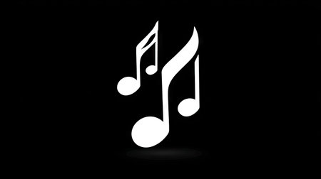 Two white musical notes are displayed against a black background. The notes, featuring curved stems and rounded heads, suggest rhythm and melody. The contrasting colors create a visually striking composition, possibly indicating a focus on music. Suitable for diverse design projects, this image can be utilized in various commercial or editorial contexts.の素材