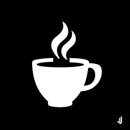 A simple white coffee cup icon with rising steam is featured against a stark black backdrop. The image utilizes a minimalist style with clean lines and high contrast. Its design suggests the warmth of a beverage, suitable for applications in various commercial and editorial projects.の素材