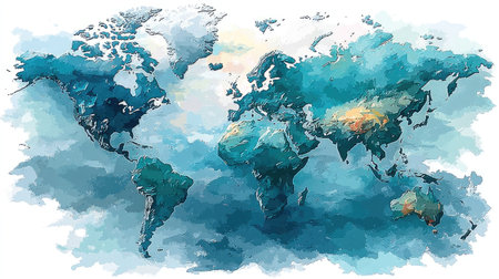 This watercolor illustration features a stylized world map depicted with soft blues and greens. The image showcases the continents surrounded by textured clouds, with variations in color suggesting landforms. It evokes a sense of global interconnectedness, suitable for educational or environmental themed projects.の素材