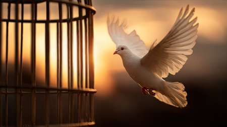 A white dove takes flight near a cage against a warm, blurred sunset. The image features a contrasting interplay of light and shadow, with a soft focus background. This photo evokes themes of freedom and escape, ideal for conceptual projects or commercial purposes.の素材
